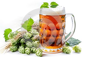 A glass of beer accompanied by a bunch of hops
