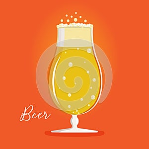 Glass of beer alcohol drink with foam, vector illustration. Cold fresh beverage.