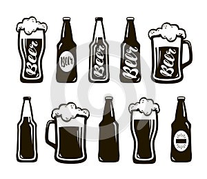 Glass of beer, ale, lager. Mug, bottle set of icons. Oktoberfest, restaurant, pub, bar symbol. Vector illustration