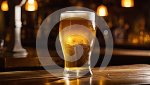 A glass of beer on a bar counter