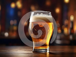 Glass of beer on a bar counter in a pub. Beer mock-up illustration