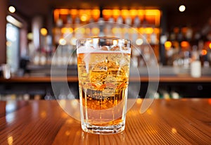 Glass of beer on a bar counter in a pub or restaurant