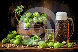 Glass of beer with barrel, bottle and fresh hops still-life