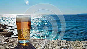 Glass of beer on the beach with sea and sky in the background