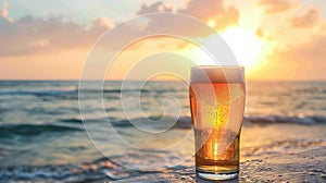 Glass of beer on the beach at sunset. Close-up.