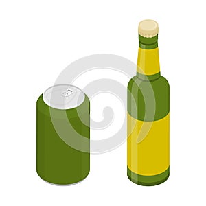 Glass beer bottle and can isolated on white background