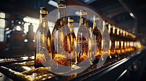 Glass beer bottles on a bottling conveyor line in a beverage