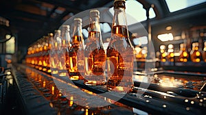 Glass beer bottles on a bottling conveyor line in a beverage brewery