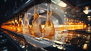 Glass beer bottles on a bottling conveyor line in a beverage brewery