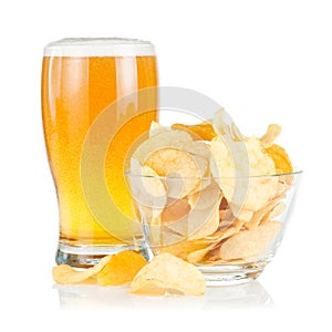 Glass Beer and bowl of with Pile potato chips
