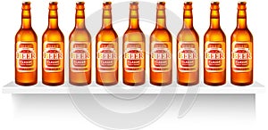 Glass beer brown bottle with label stand in row on shelf on white background isolated light alcohol