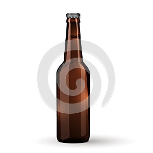 Glass Beer Brown Bottle On White Background Isolated.