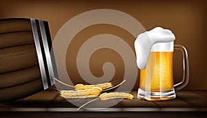 Glass of beer on brown old wooden table with dark background. Vector illustration design