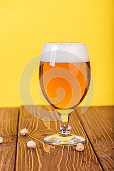 Glass of beer on color background