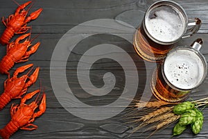 Glass beer with crawfish, hop cones and wheat ears on dark wooden background. Beer brewery concept. Beer background. top view
