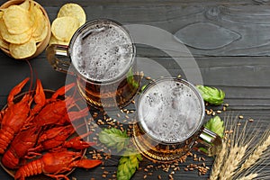 Glass beer with crawfish, hop cones and wheat ears on dark wooden background. Beer brewery concept. Beer background. top view