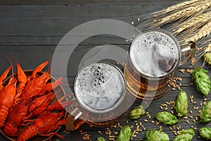 Glass beer with crawfish, hop cones and wheat ears on dark wooden background. Beer brewery concept. Beer background. top view