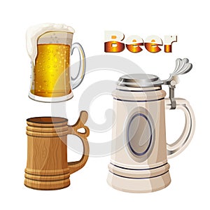 Glass beer cup with foam, ancient bavarian and wooden mug