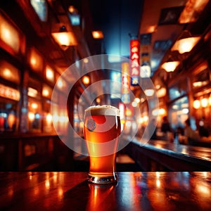 Glass of beer in a dimly light, cozy atmospheric welcoming bar