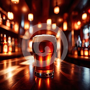 Glass of beer in a dimly light, cozy atmospheric welcoming bar