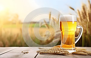 glass of beer and ears of barley on white wooden table over white blurred nature background