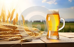 glass of beer and ears of barley on white wooden table over white blurred nature background