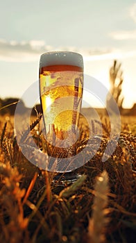 Glass of Beer in Field, Refreshing Beverage Amidst Natural Surroundings photo
