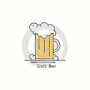 Glass of beer with foam. Line art badge logo design template