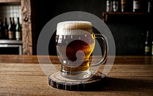 glass of beer with foam on old wooden pub table