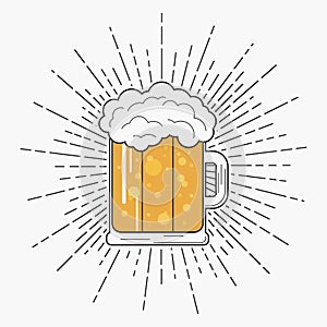 Glass of beer with foam and sunburst in hipster style. Vintage label with mug alcoholic drink. Vector illustration.