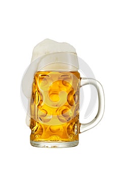 Glass of beer with foam on white background