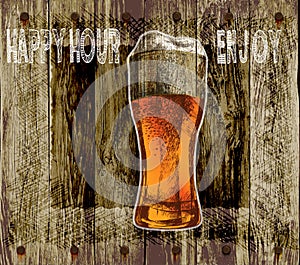 Glass of beer with foam. wood background beer happy hour-enjoy.vector illustration