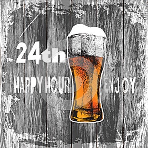 Glass of beer with foam. wood background beer happy hour-enjoy.vector illustration