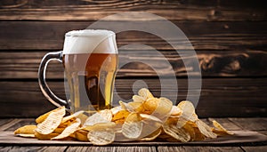 A glass of beer with a foamy head and a pile of potato chips