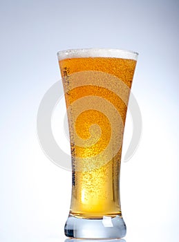 Glass of beer with froth close up on white