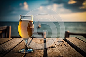 a glass beer glass on a wooden table in the blurred sea background Generative AI