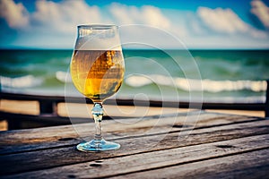 a glass beer glass on a wooden table in the blurred sea background Generative AI