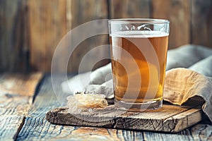 Glass of beer with honeycomb on side photo