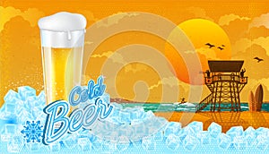 Glass of beer in ice cubes with miami beach landscape