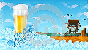 Glass of beer in ice cubes with miami beach landscape with blue sky