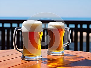 glass beer mug on table of beach bar restaurant