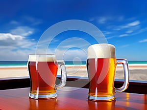 glass beer mug on table of beach bar restaurant