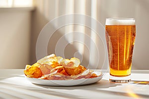 A glass of beer is next to a plate of chips