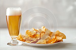A glass of beer is next to a plate of chips