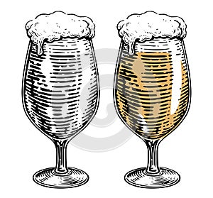 Glass of beer with overflowing foam. Craft ale, alcoholic drink. Clipart drawing for bar or restaurant photo