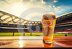 a glass of beer is pictured with an arena