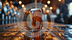 A glass of a beer sitting on top of some sort of table, AI photo
