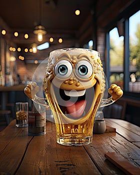 a glass of beer with a smiling face on a wooden table. generative ai