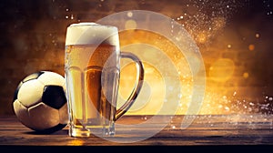 Glass of beer with soccer ball on bokeh background. Copy space