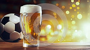 Glass of beer with soccer ball on bokeh background. Copy space